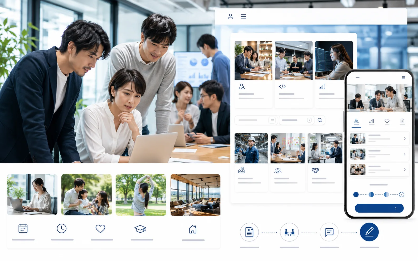 社員・仕事・職場環境・募集職種・応募工程を伝える採用WEBサイト制作イメージ
