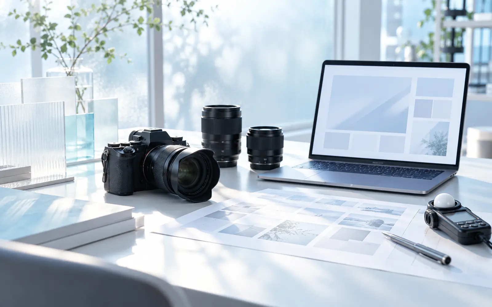 カメラとレンズ、写真構成案、ノートパソコンを白とアイスブルーの机に並べた撮影計画のイメージ
