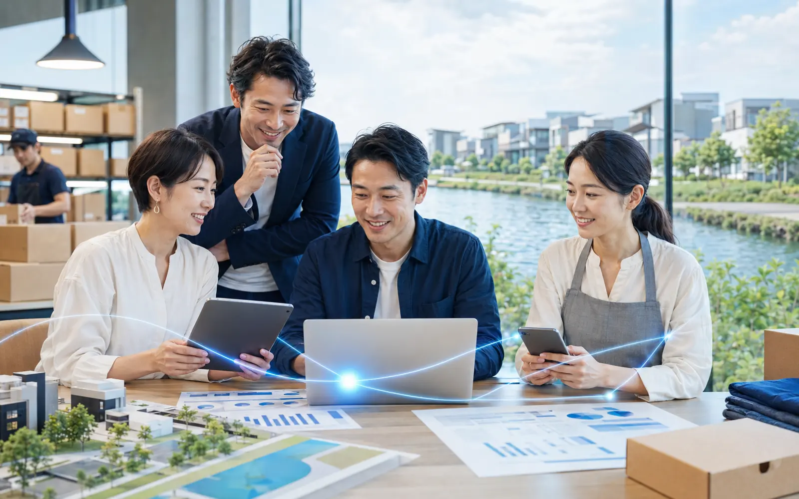 三郷市の企業・店舗・物流・地域活動とAI・WEB活用を表現した制作イメージ