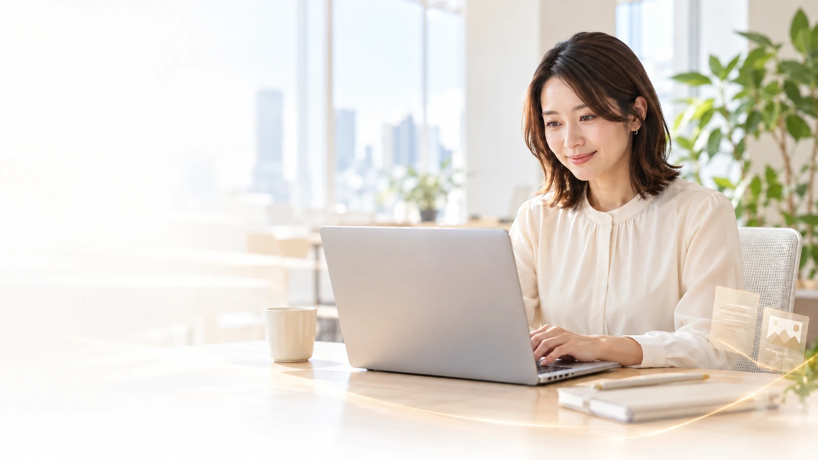 Lumina公開サイトのメインビジュアル。明るい室内でノートPCを使う人物と資料のイメージ