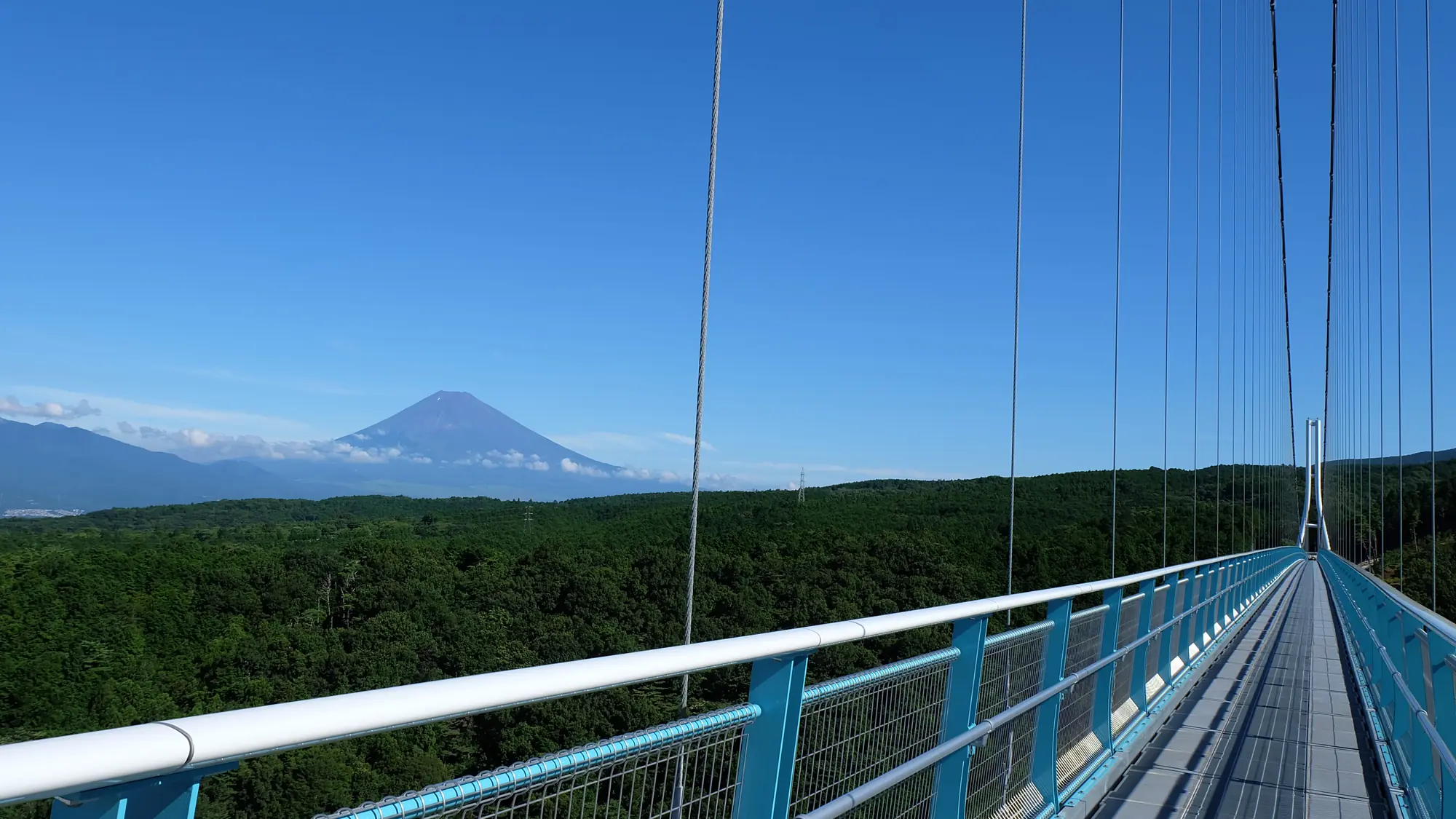 三島スカイウォーク10周年公開サイトのメイン画像。青空と富士山を背景に伸びる大吊橋