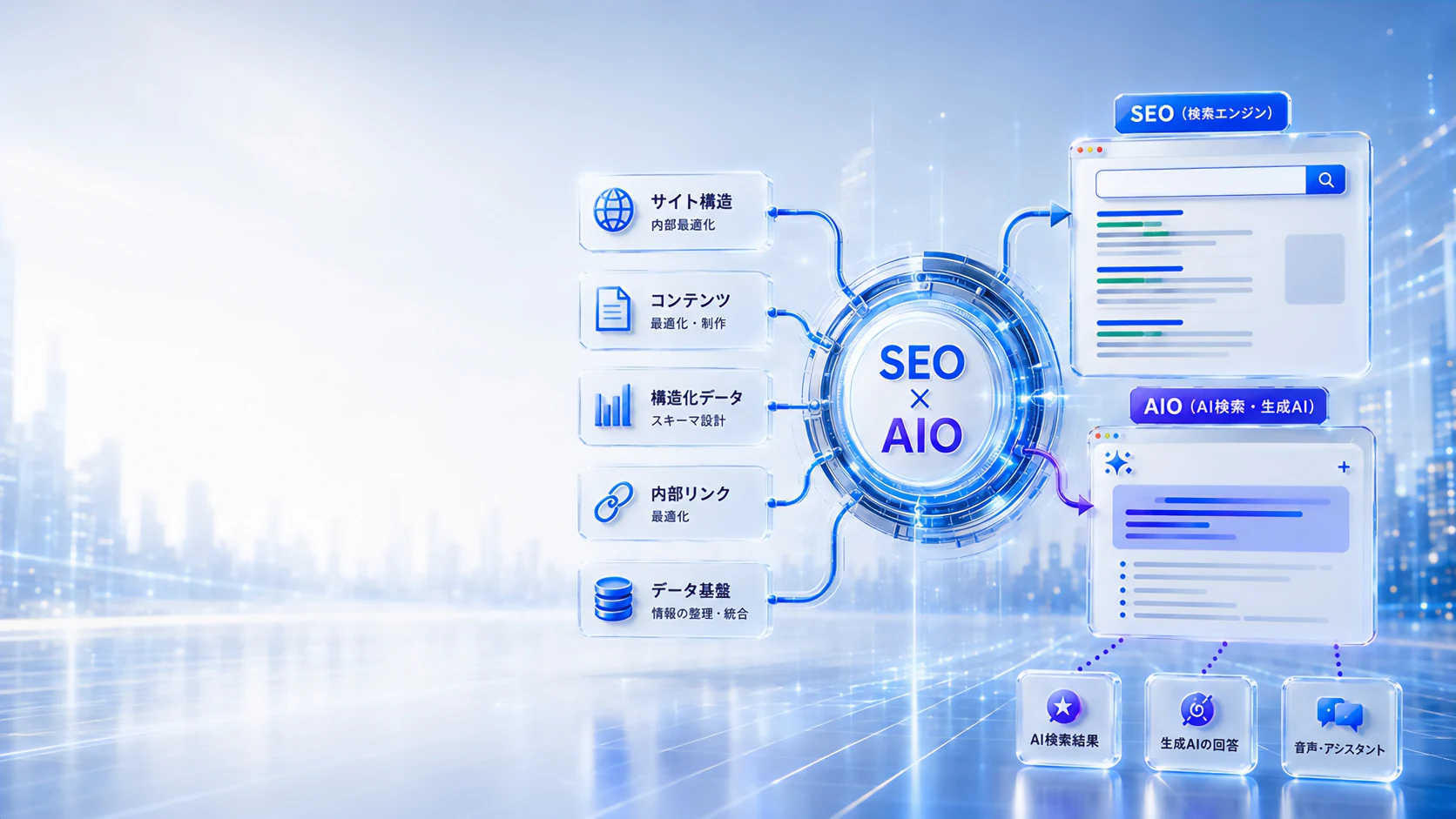 QUERYAの旧公式サイトで使用していた、サイト構造・コンテンツ・構造化データをSEOとAIOにつなぐ青い図解